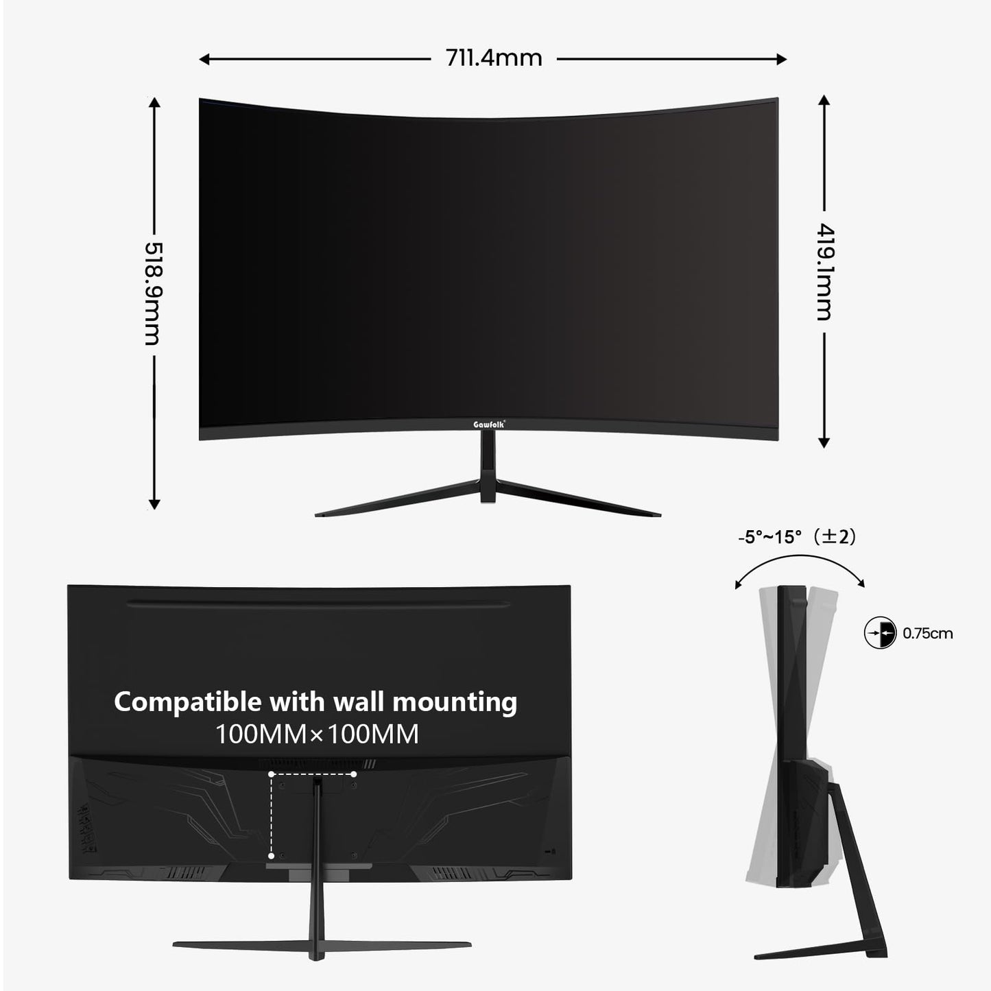 Gawfolk 32 inch 2K QHD(2560×1440P) 165Hz Curved Gaming Monitor,PC Screen, 1ms,FreeSync, 98% sRGB,178° Wide Viewing Angle,DisplayPort、HDMI, Wall Mount Compatible 100 * 100MM Wall - Black