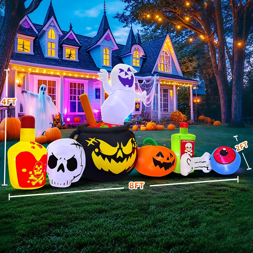 8FT Halloween Inflatable Decoration, Built in LED Lights Blow Up Poison Boiled Ghost/Skull/Pumpkin Decorations for Halloween Party, Indoor, Outdoor, Garden, Yard Lawn Decor