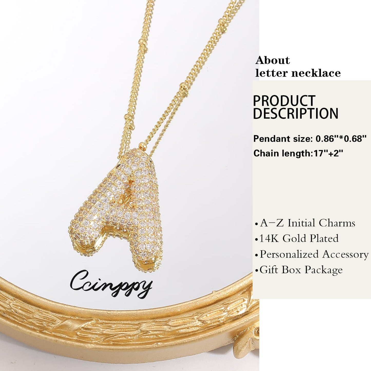 CCINPPY Letter Necklace, 14k Gold Plated Bubble Balloon Dainty Necklace for Women, Chunky Initial Charm Pendant Name Necklac e Personalized, Gold, Letter A