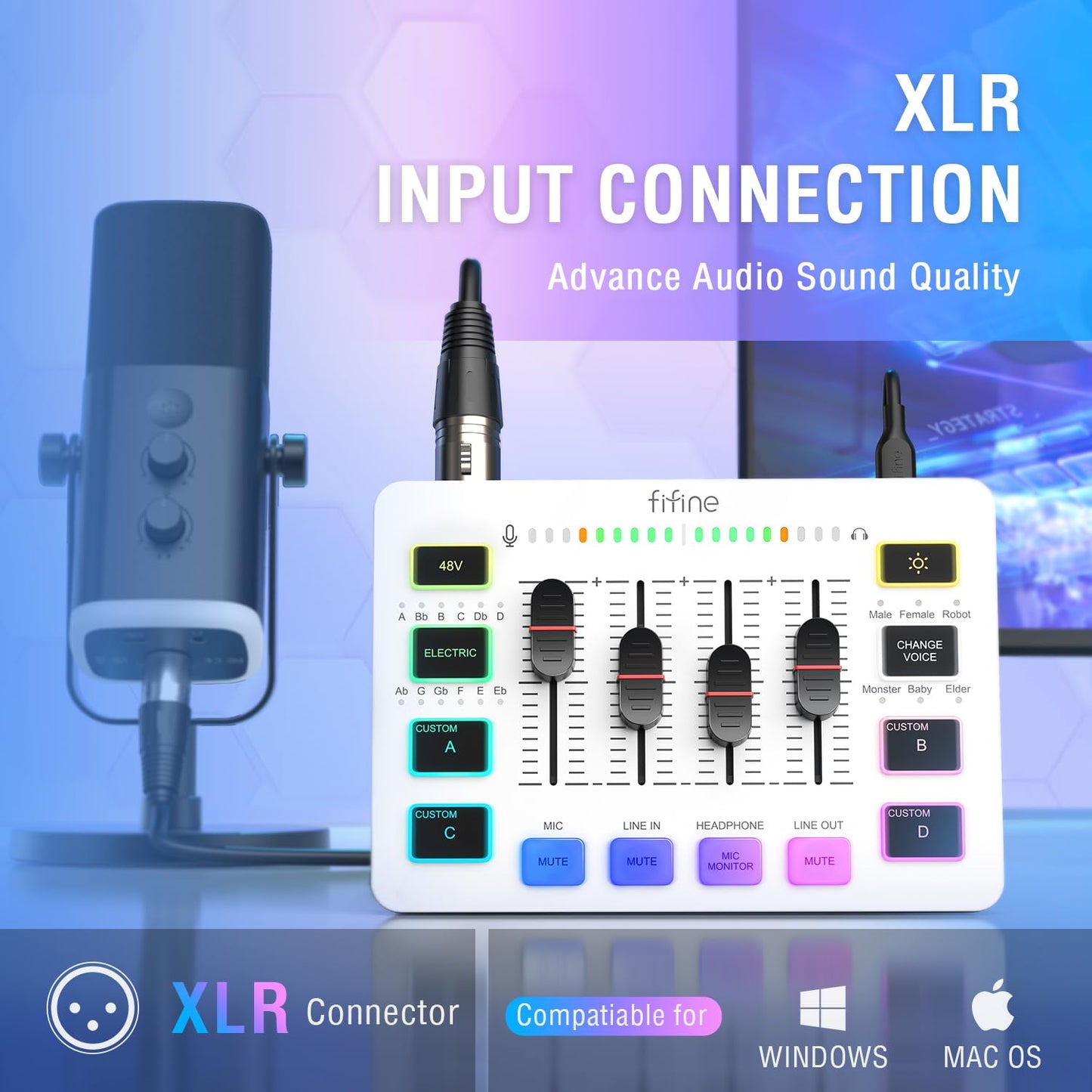 FIFINE Gaming Microphone Bundle with RGB Audio Mixer, XLR Cable, Podcast Equipment Set for Streaming, Vocal, Voice-Over, Compatible with PC with Mute, Gain Knob, Headphones Monitor (AM8T+SC3W+L9)