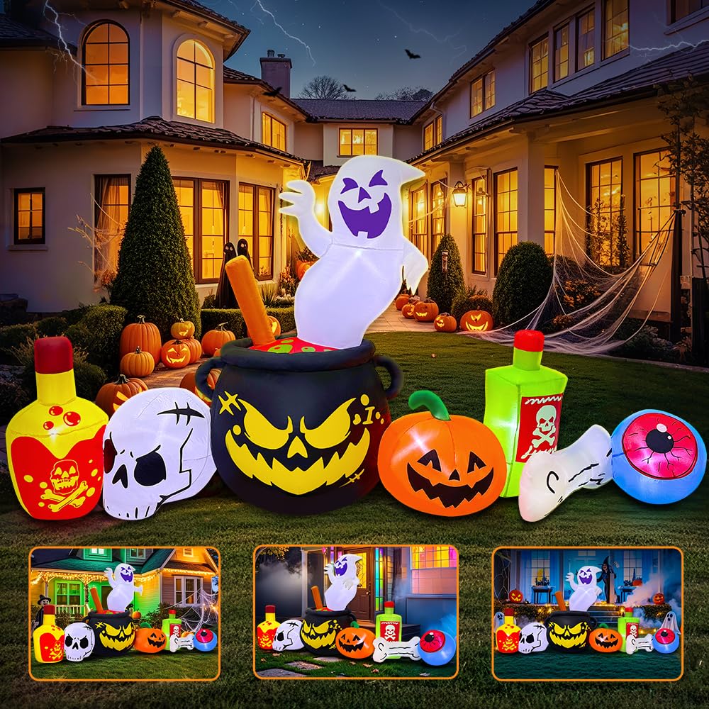 8FT Halloween Inflatable Decoration, Built in LED Lights Blow Up Poison Boiled Ghost/Skull/Pumpkin Decorations for Halloween Party, Indoor, Outdoor, Garden, Yard Lawn Decor