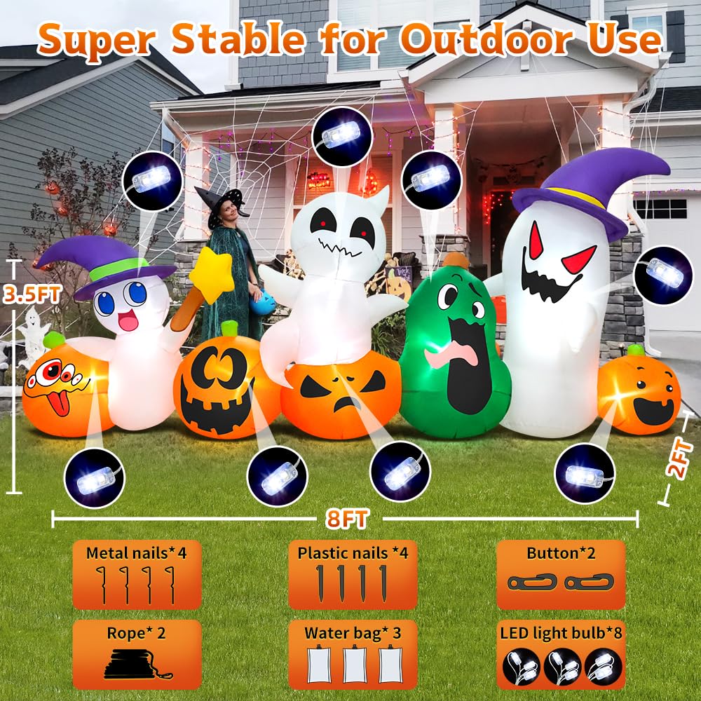 8 FT Halloween Inflatables Ghosts Pumpkins with Hat gnome Combo Decoration with Led Light Inflatables Outdoor Decor Blow up Inflatables for Holiday Party Lawn Yard Garden Decor