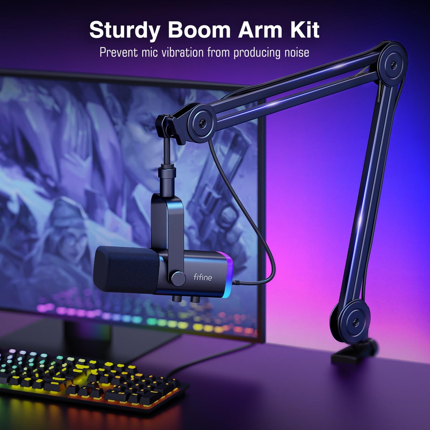 FIFINE XLR/USB Microphone and Heavy Duty Boom Arm Kit, PC Computer Gaming Streaming Mic with RGB Light, Mute Button, Headphones Jack, Microphone Arm Stand Bundle for Podcast Recording (AM8+BM63)