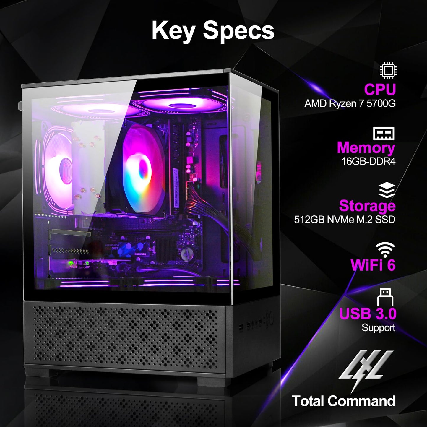 LXZ Desktop PC AMD Ryzen 7-5700G 8 core 3.9GHz, 16G DDR4 RAM, 512GB NVME SSD, Tower Computer with 400W Power Supply for Home and Office (Black)