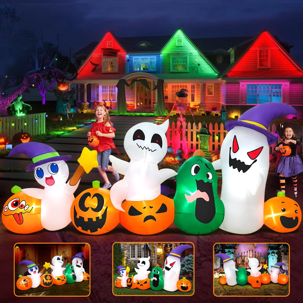 8 FT Halloween Inflatables Ghosts Pumpkins with Hat gnome Combo Decoration with Led Light Inflatables Outdoor Decor Blow up Inflatables for Holiday Party Lawn Yard Garden Decor