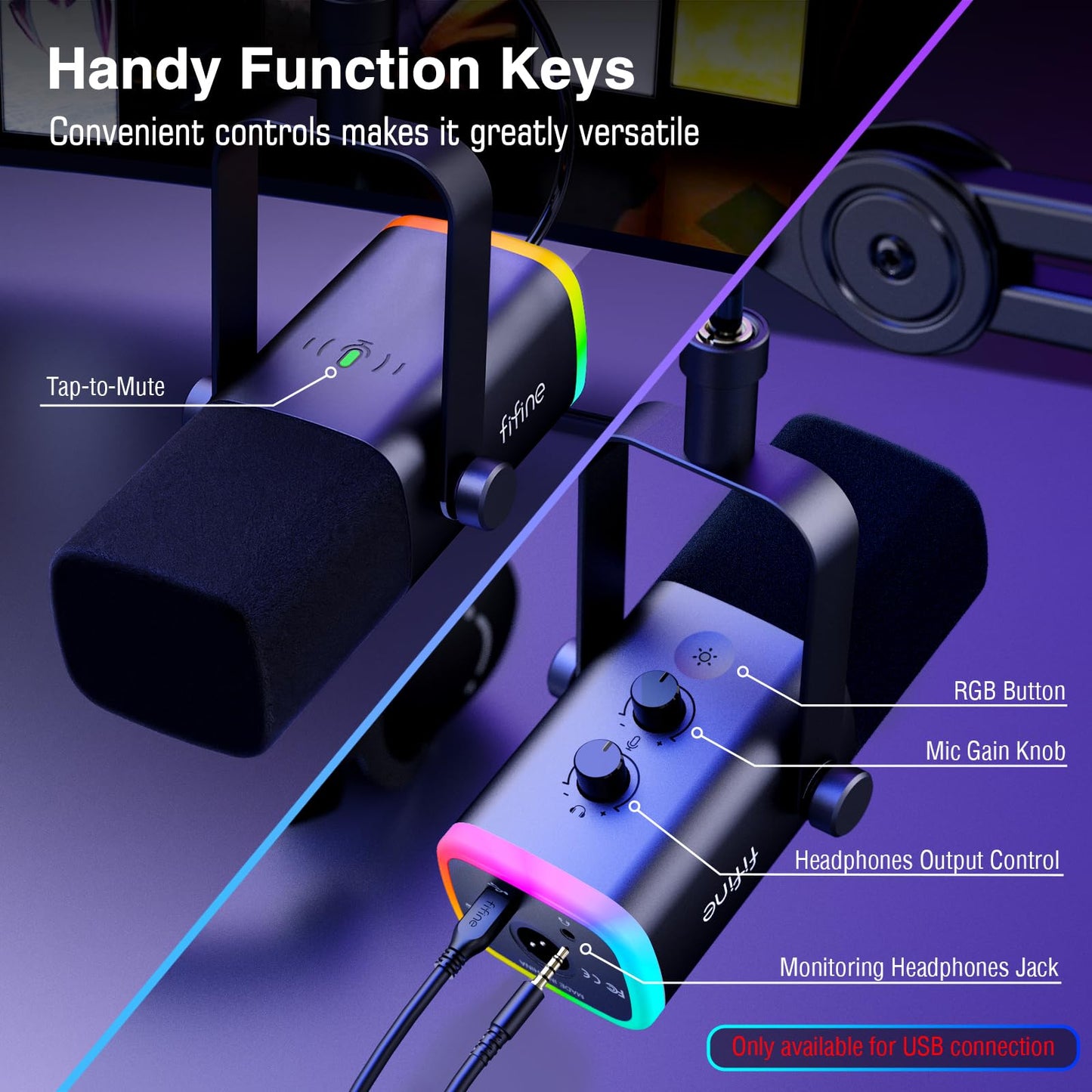 FIFINE XLR/USB Microphone and Heavy Duty Boom Arm Kit, PC Computer Gaming Streaming Mic with RGB Light, Mute Button, Headphones Jack, Microphone Arm Stand Bundle for Podcast Recording (AM8+BM63)