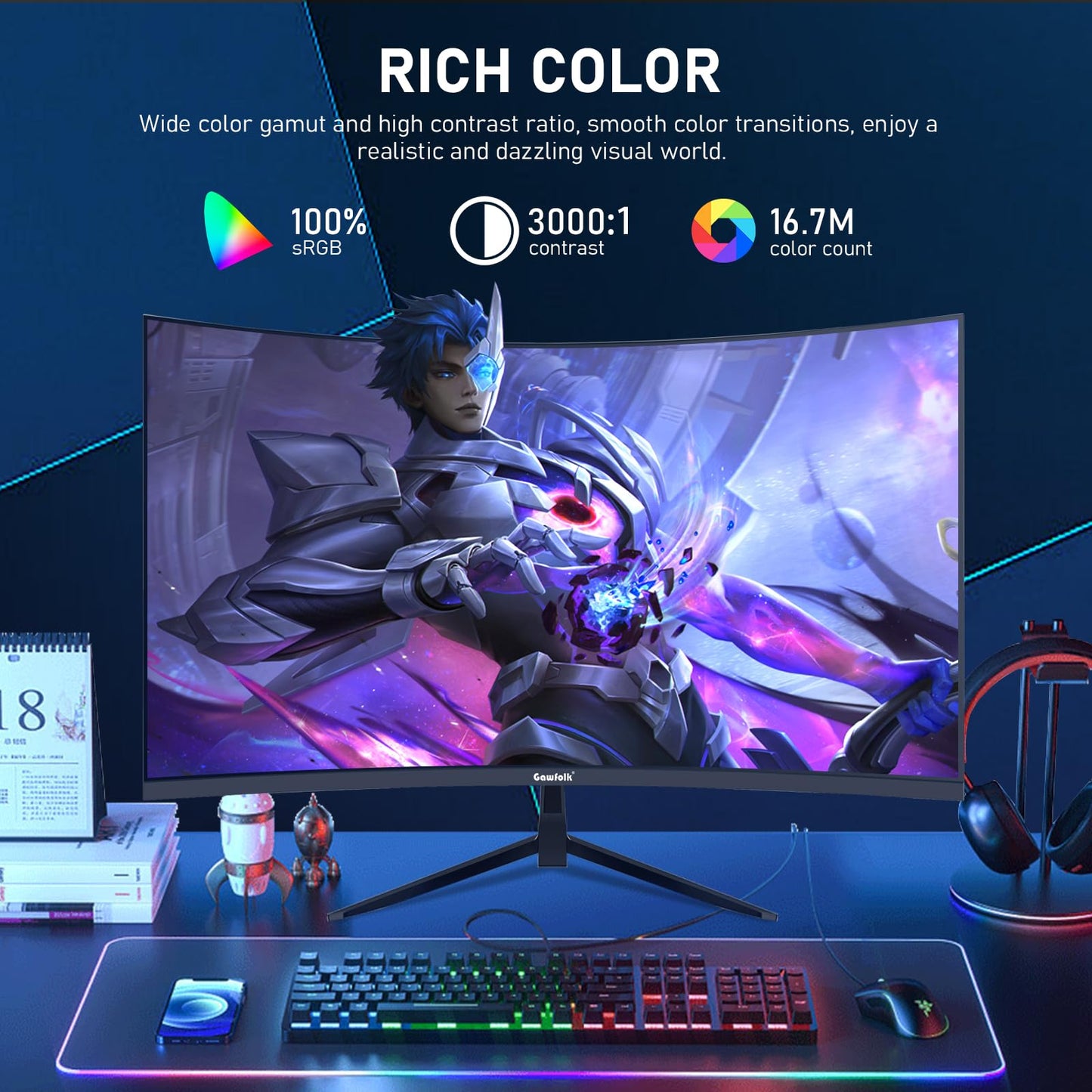 Gawfolk 32 inch 2K QHD(2560×1440P) 165Hz Curved Gaming Monitor,PC Screen, 1ms,FreeSync, 98% sRGB,178° Wide Viewing Angle,DisplayPort、HDMI, Wall Mount Compatible 100 * 100MM Wall - Black