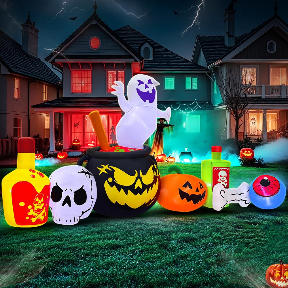 8FT Halloween Inflatable Decoration, Built in LED Lights Blow Up Poison Boiled Ghost/Skull/Pumpkin Decorations for Halloween Party, Indoor, Outdoor, Garden, Yard Lawn Decor