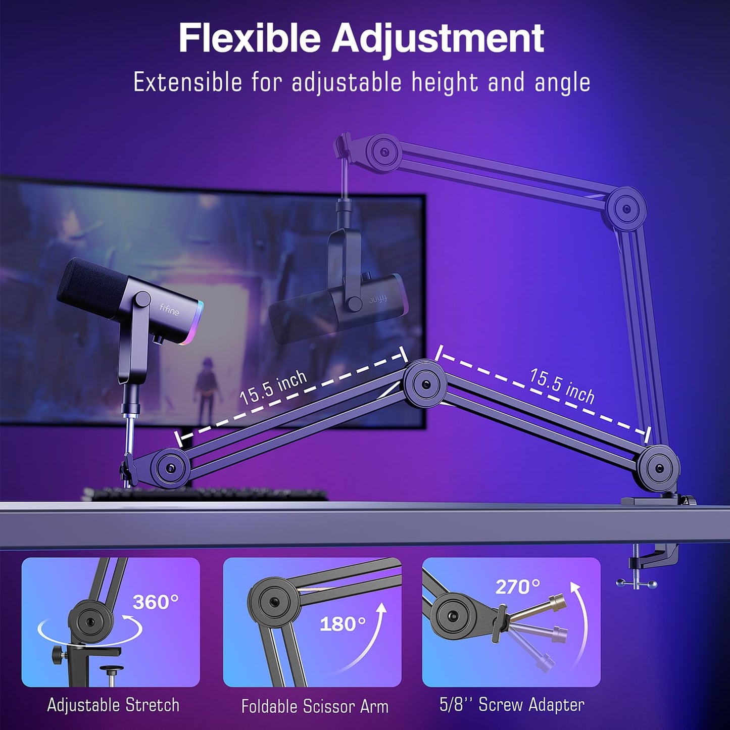 FIFINE XLR/USB Microphone and Heavy Duty Boom Arm Kit, PC Computer Gaming Streaming Mic with RGB Light, Mute Button, Headphones Jack, Microphone Arm Stand Bundle for Podcast Recording (AM8+BM63)