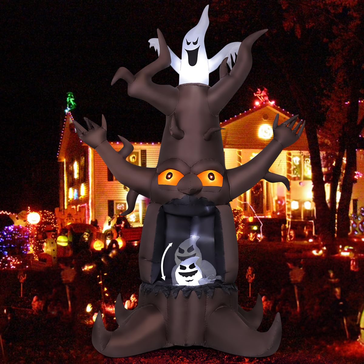 GOOSH 9 FT Halloween Inflatable Animated Dead Tree Outdoor Decorations Blow Up Yard Scary Tree and White Ghost with Built-in LEDs for Outdoor Garden Lawn Party Decor (Tree Ghost)