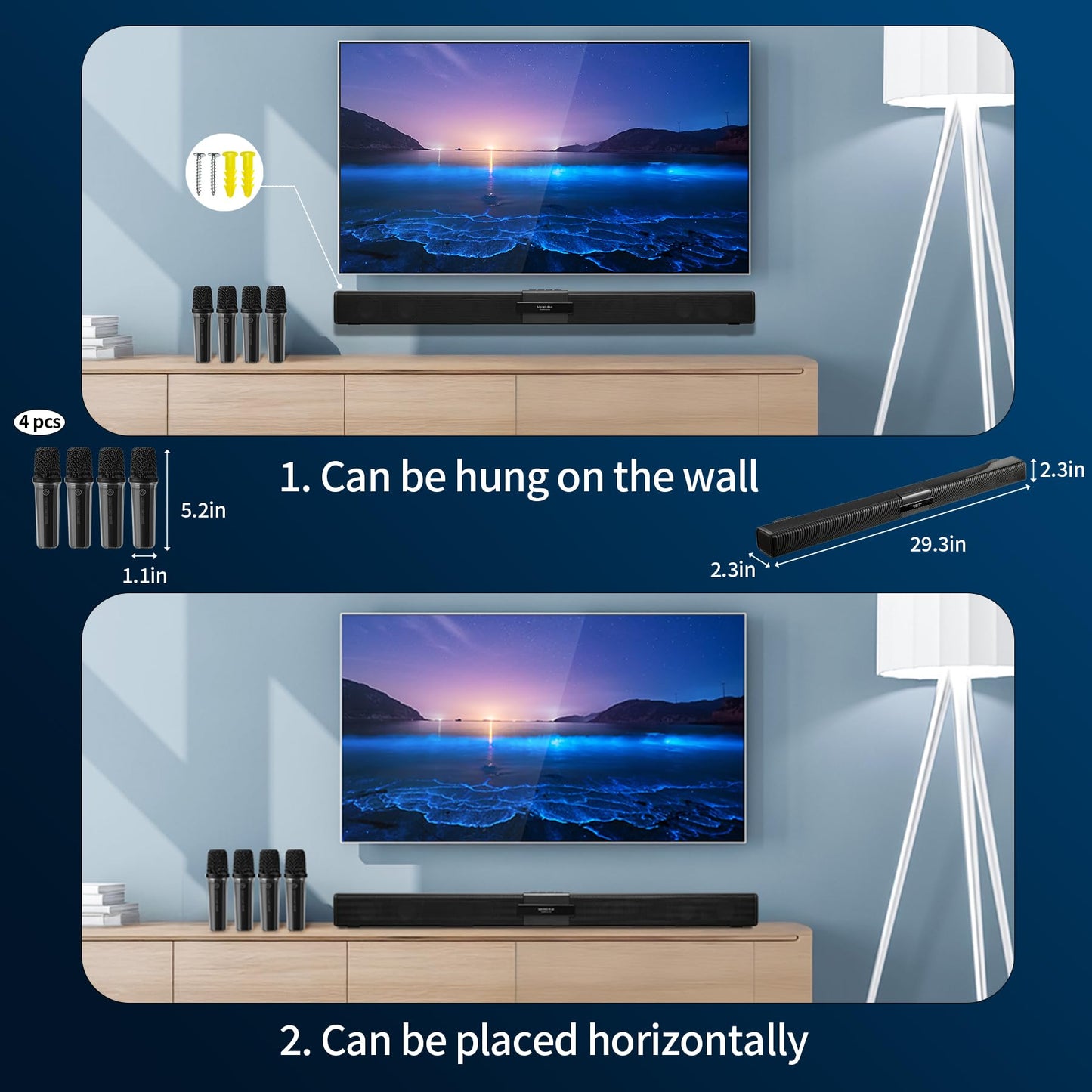 Quntelon TV Soundbar Speaker with Bluetooth/AUX/USB/TF/Coaxial, Sound Bar for Smart TV with 4 Wireless Microphones, Surround Sound System for TV (Full Black, 4mic)