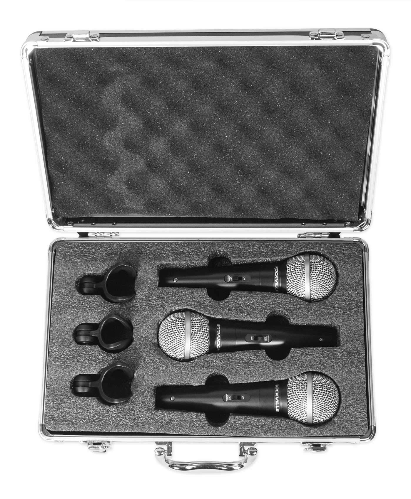 Rockville RMC-3PK Dynamic Microphones (3 Pack), Cardioid, Metal Build, XLR, Clear Audio, Durable Case, Noise Reduction, for Vocals, Instruments, DJs