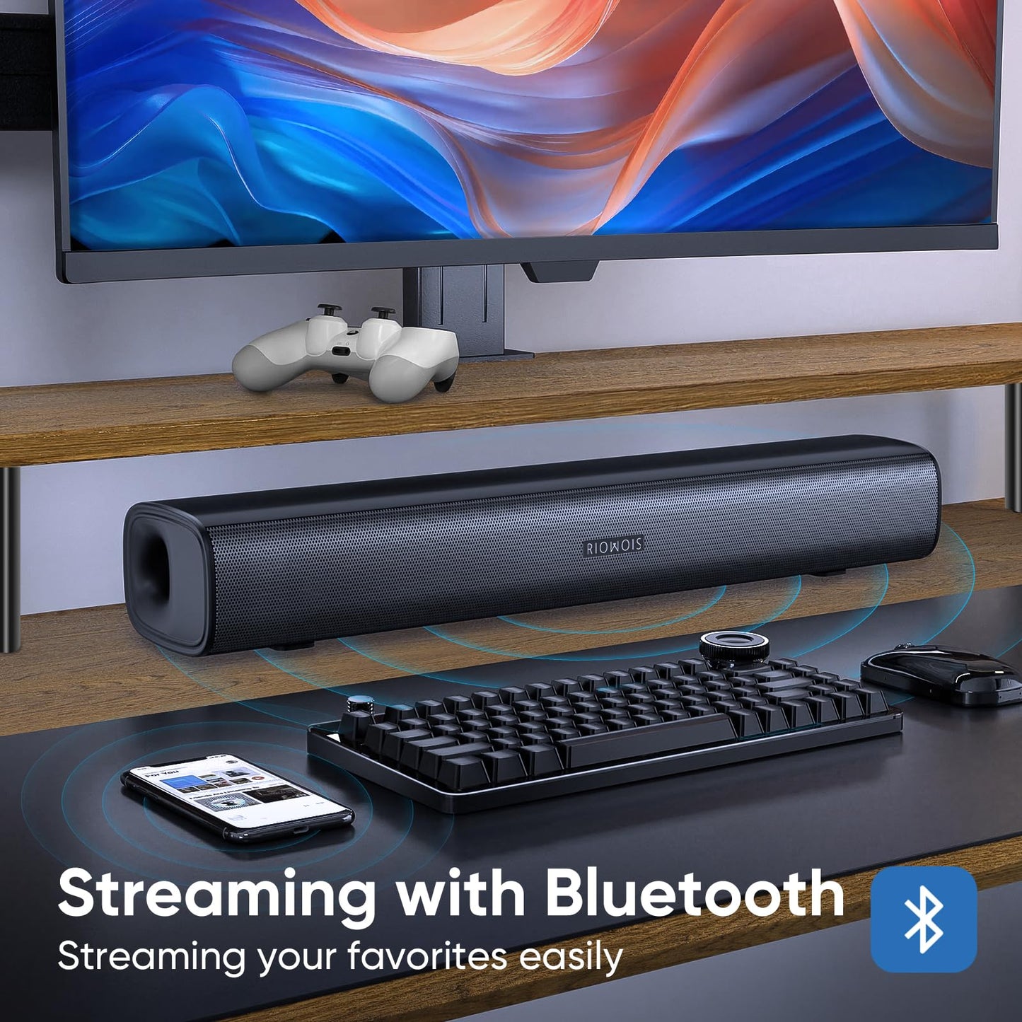 RIOWOIS Sound Bar for Smart TV, Soundbar TV Speakers with Customized Bass Reflector, Compact Design and Easy Set up, Home Audio Surround Sound System for TV PC Projector, Wall Mountable