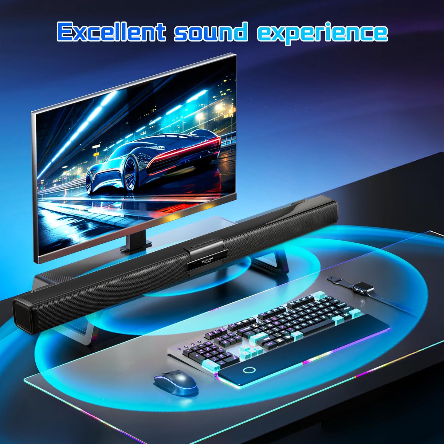 Quntelon TV Soundbar Speaker with Bluetooth/AUX/USB/TF/Coaxial, Sound Bar for Smart TV with 4 Wireless Microphones, Surround Sound System for TV (Full Black, 4mic)