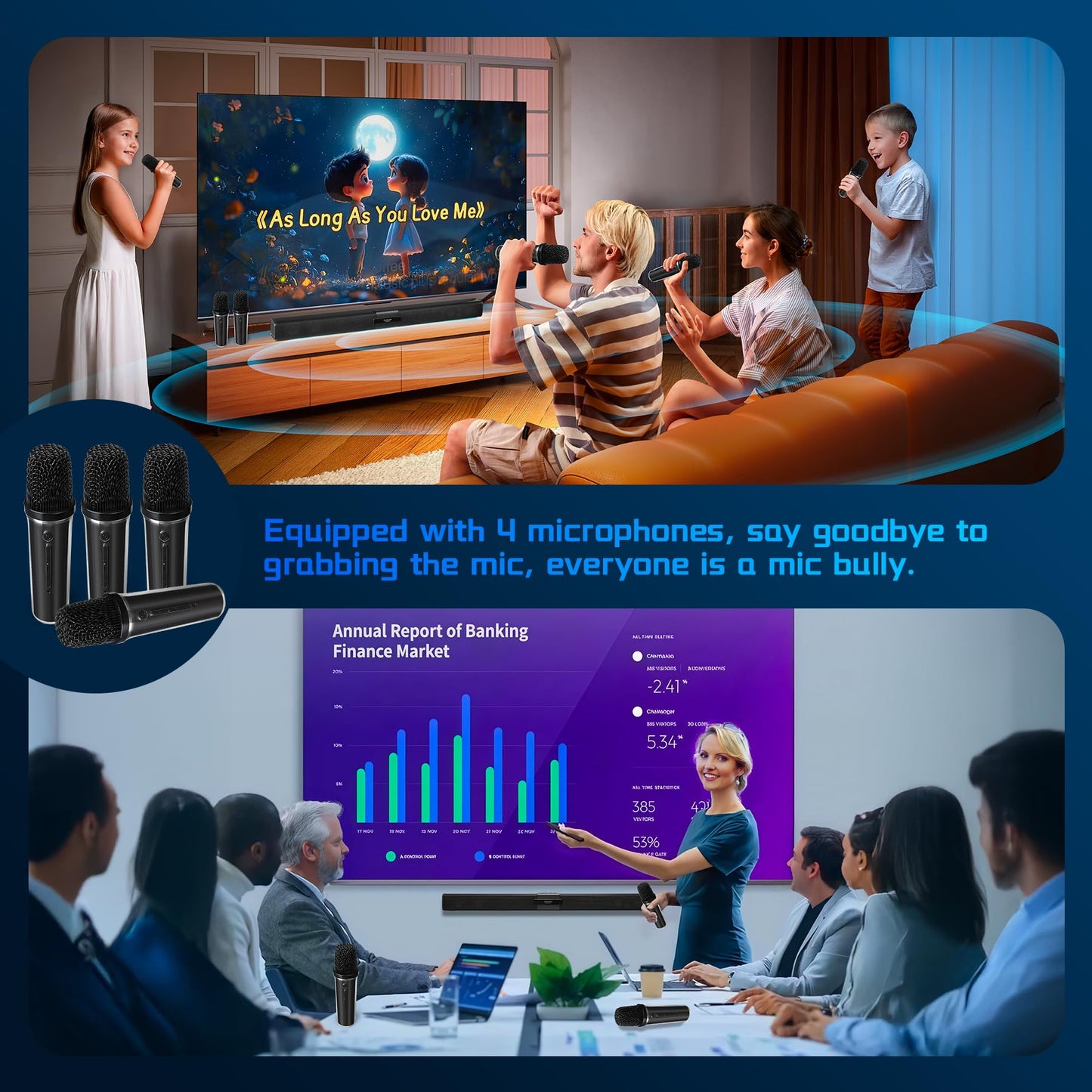 Quntelon TV Soundbar Speaker with Bluetooth/AUX/USB/TF/Coaxial, Sound Bar for Smart TV with 4 Wireless Microphones, Surround Sound System for TV (Full Black, 4mic)