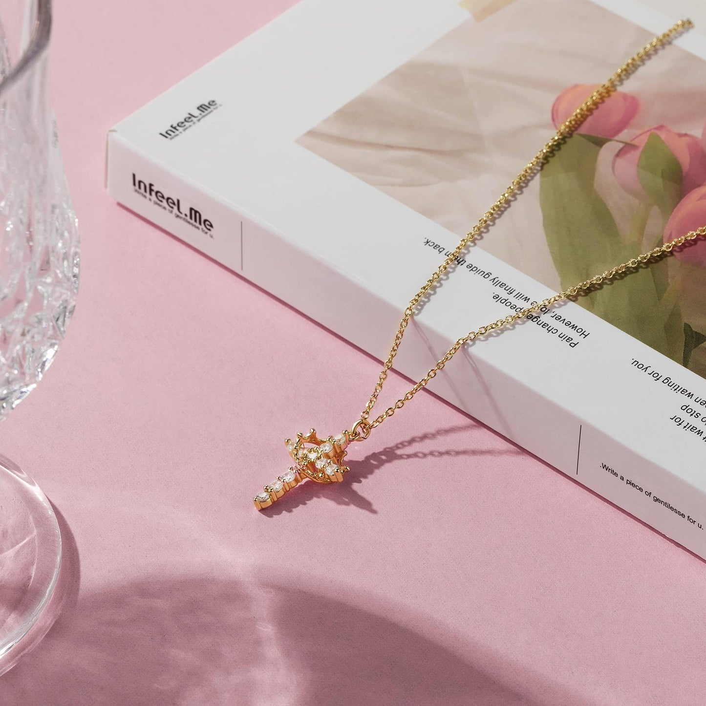 Robaice Gold Cross Necklace for Women 14K Gold Plated Crown Cross Pendant Necklace Simple Diamond Cross Necklaces Faith Jewelry First Communion Necklace, Gold