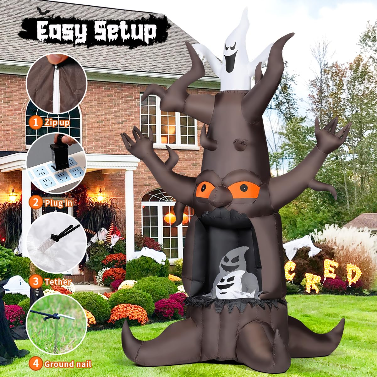 GOOSH 9 FT Halloween Inflatable Animated Dead Tree Outdoor Decorations Blow Up Yard Scary Tree and White Ghost with Built-in LEDs for Outdoor Garden Lawn Party Decor (Tree Ghost)