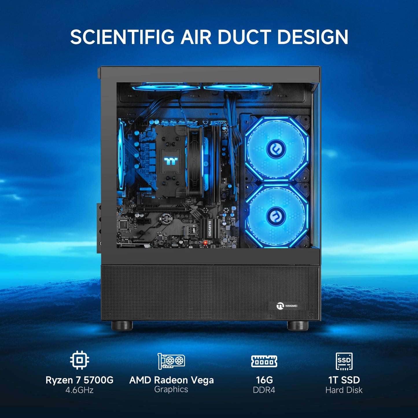 NINGMEI Desktop PC Computer AMD Ryzen 7 5700G 8 core 3.8GHz(up to 4.6GHz), 16GB DDR4 RAM 3200MHz,1TB NVME SSD,Tower Computer with 550W PSU, Windows 11 Home 64-bit for Home and Office.