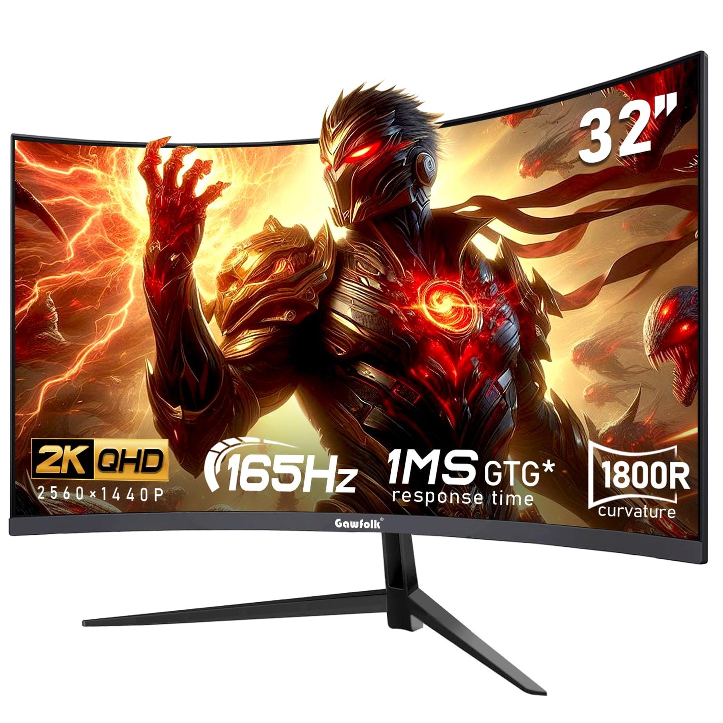 Gawfolk 32 inch 2K QHD(2560×1440P) 165Hz Curved Gaming Monitor,PC Screen, 1ms,FreeSync, 98% sRGB,178° Wide Viewing Angle,DisplayPort、HDMI, Wall Mount Compatible 100 * 100MM Wall - Black