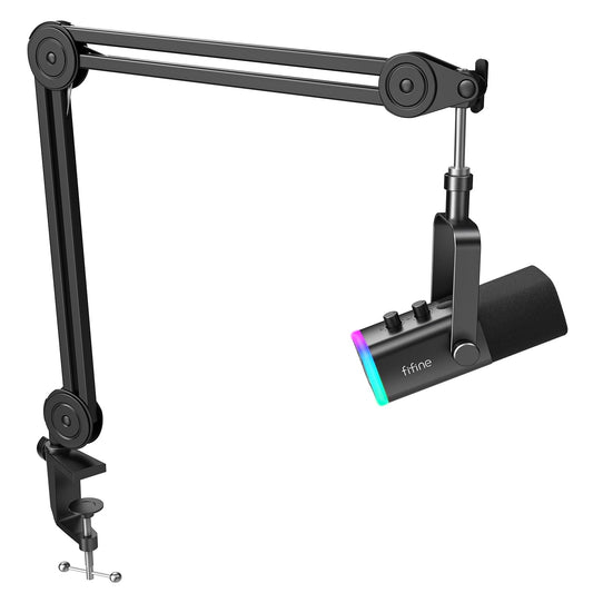 FIFINE XLR/USB Microphone and Heavy Duty Boom Arm Kit, PC Computer Gaming Streaming Mic with RGB Light, Mute Button, Headphones Jack, Microphone Arm Stand Bundle for Podcast Recording (AM8+BM63)