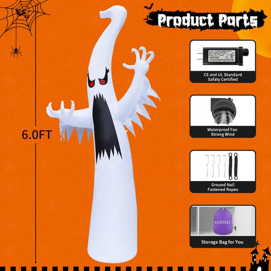GOOSH 6 FT Halloween Inflatables Ghost Outdoor Decorations Blow Up Yard Scary Red Eye Dimming Ghost with Built-in Colorful LEDs for Garden Lawn Indoor Party Decor