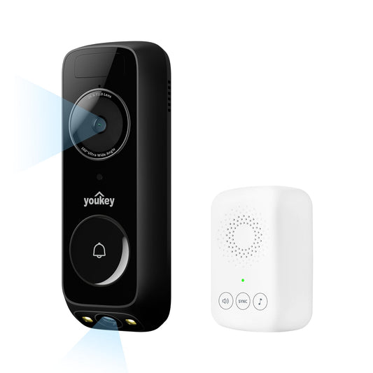 youkey Wireless Doorbell Camera with Chime, No Monthly Fee, 2K Video Doorbell with Dual Cam, AI + Radar + PIR Detection, 2.4/5GHz WiFi-6, Two-way Talk, Color Night Vision, Battery/Wired Powered, DB312