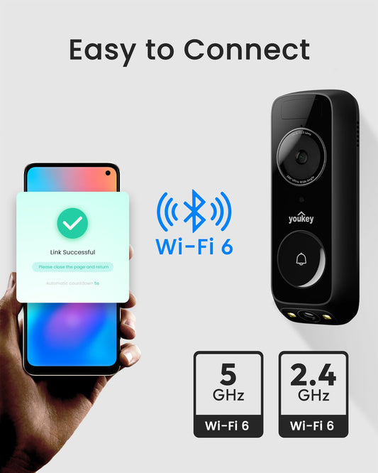 youkey Wireless Doorbell Camera with Chime, No Monthly Fee, 2K Video Doorbell with Dual Cam, AI + Radar + PIR Detection, 2.4/5GHz WiFi-6, Two-way Talk, Color Night Vision, Battery/Wired Powered, DB312