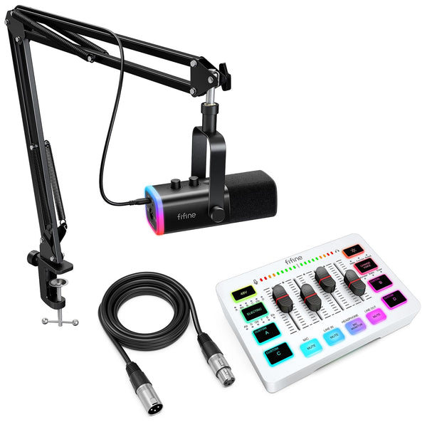 FIFINE Gaming Microphone Bundle with RGB Audio Mixer, XLR Cable, Podcast Equipment Set for Streaming, Vocal, Voice-Over, Compatible with PC with Mute, Gain Knob, Headphones Monitor (AM8T+SC3W+L9)