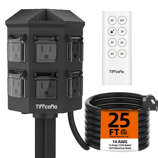 Outdoor Power Strip with 25FT Extension Cord, 100FT Remote Control, Dusk to Dawn Light Timer Waterproof, 6 Grounded Outlets for Yard, Pool and Garden, ETL Listed (25 FT)