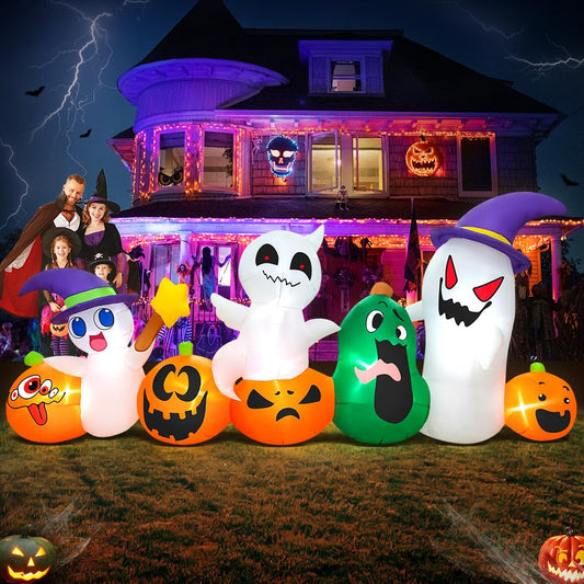 8 FT Halloween Inflatables Ghosts Pumpkins with Hat gnome Combo Decoration with Led Light Inflatables Outdoor Decor Blow up Inflatables for Holiday Party Lawn Yard Garden Decor