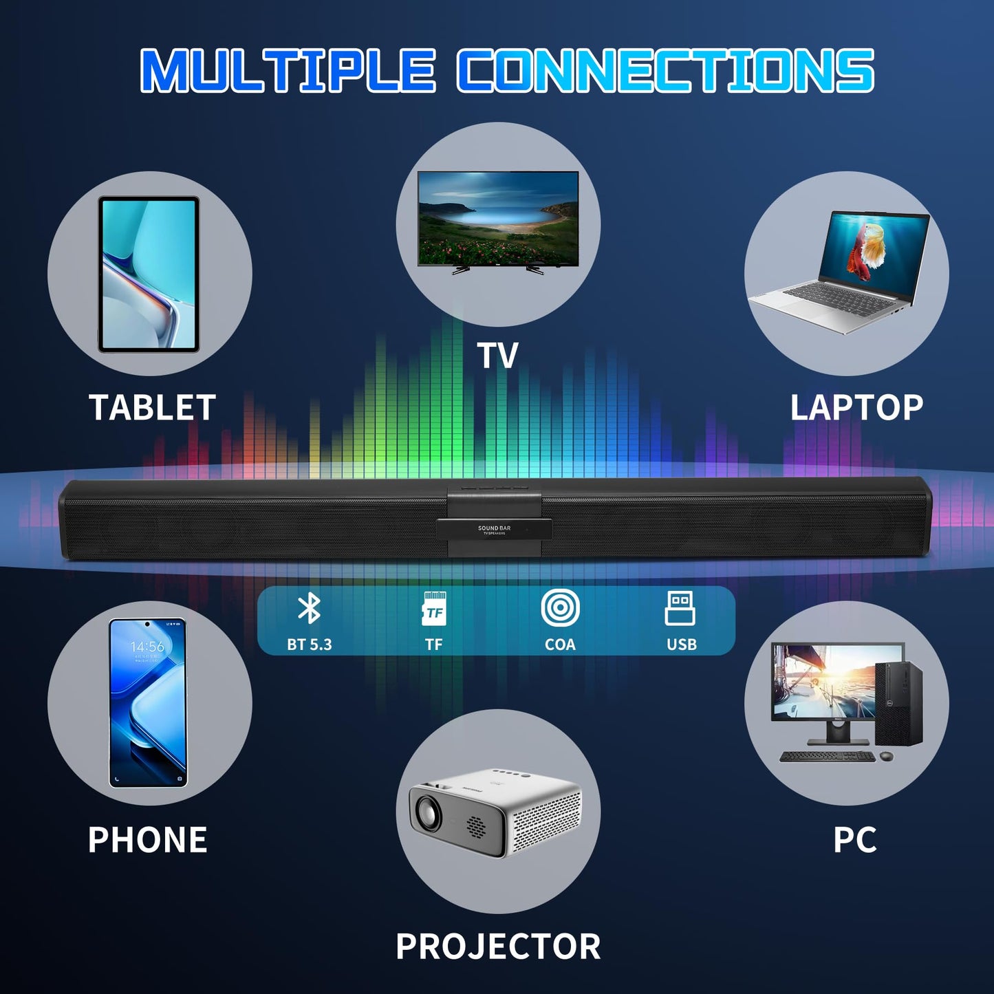 Quntelon TV Soundbar Speaker with Bluetooth/AUX/USB/TF/Coaxial, Sound Bar for Smart TV with 4 Wireless Microphones, Surround Sound System for TV (Full Black, 4mic)