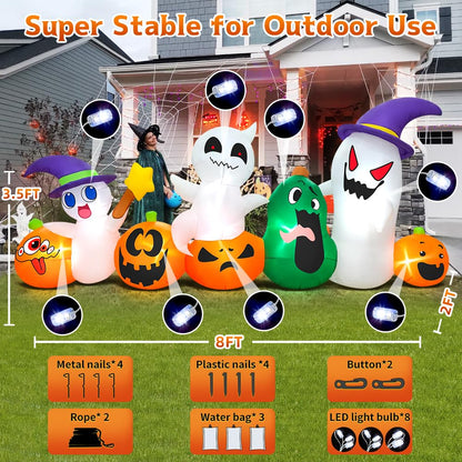 8 FT Halloween Inflatables Ghosts Pumpkins with Hat gnome Combo Decoration with Led Light Inflatables Outdoor Decor Blow up Inflatables for Holiday Party Lawn Yard Garden Decor