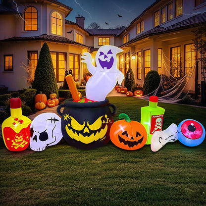 8FT Halloween Inflatable Decoration, Built in LED Lights Blow Up Poison Boiled Ghost/Skull/Pumpkin Decorations for Halloween Party, Indoor, Outdoor, Garden, Yard Lawn Decor