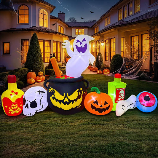 8FT Halloween Inflatable Decoration, Built in LED Lights Blow Up Poison Boiled Ghost/Skull/Pumpkin Decorations for Halloween Party, Indoor, Outdoor, Garden, Yard Lawn Decor