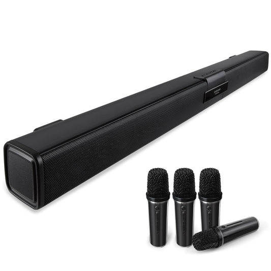 Quntelon TV Soundbar Speaker with Bluetooth/AUX/USB/TF/Coaxial, Sound Bar for Smart TV with 4 Wireless Microphones, Surround Sound System for TV (Full Black, 4mic)
