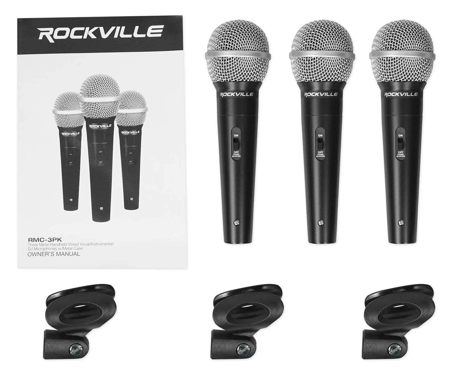 Rockville RMC-3PK Dynamic Microphones (3 Pack), Cardioid, Metal Build, XLR, Clear Audio, Durable Case, Noise Reduction, for Vocals, Instruments, DJs