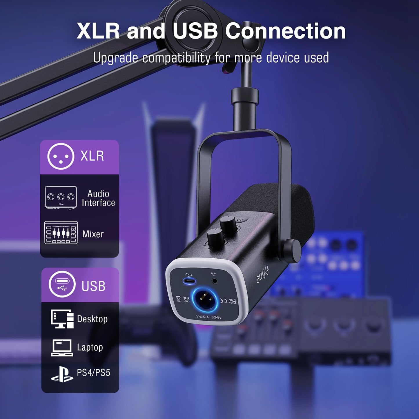 FIFINE XLR/USB Microphone and Heavy Duty Boom Arm Kit, PC Computer Gaming Streaming Mic with RGB Light, Mute Button, Headphones Jack, Microphone Arm Stand Bundle for Podcast Recording (AM8+BM63)