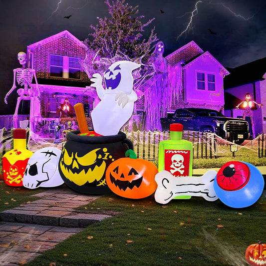 8FT Halloween Inflatable Decoration, Built in LED Lights Blow Up Poison Boiled Ghost/Skull/Pumpkin Decorations for Halloween Party, Indoor, Outdoor, Garden, Yard Lawn Decor