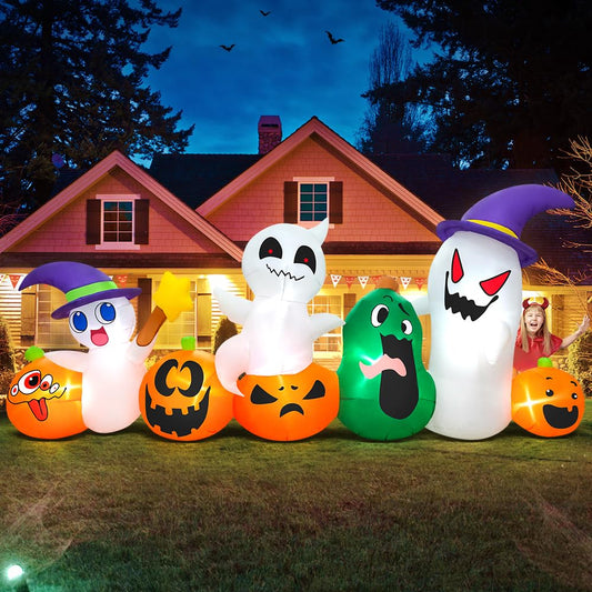 8 FT Halloween Inflatables Ghosts Pumpkins with Hat gnome Combo Decoration with Led Light Inflatables Outdoor Decor Blow up Inflatables for Holiday Party Lawn Yard Garden Decor