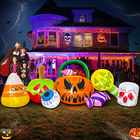 10 FT Halloween Inflatable Outdoor Decorations Pumpkin Ghost Combo, Halloween Decorations Outdoor Inflatable Bow Up Pumpkin Decoration Outdoor with LED Inflatable Halloween for Yard Garden