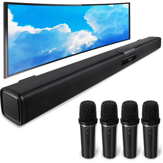 Quntelon TV Soundbar Speaker with Bluetooth/AUX/USB/TF/Coaxial, Sound Bar for Smart TV with 4 Wireless Microphones, Surround Sound System for TV (Full Black, 4mic)