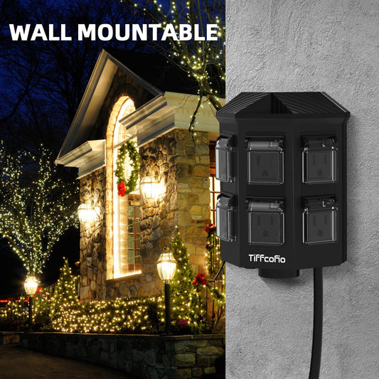 Outdoor Power Strip with 25FT Extension Cord, 100FT Remote Control, Dusk to Dawn Light Timer Waterproof, 6 Grounded Outlets for Yard, Pool and Garden, ETL Listed (25 FT)