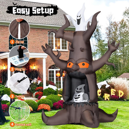 GOOSH 9 FT Halloween Inflatable Animated Dead Tree Outdoor Decorations Blow Up Yard Scary Tree and White Ghost with Built-in LEDs for Outdoor Garden Lawn Party Decor (Tree Ghost)