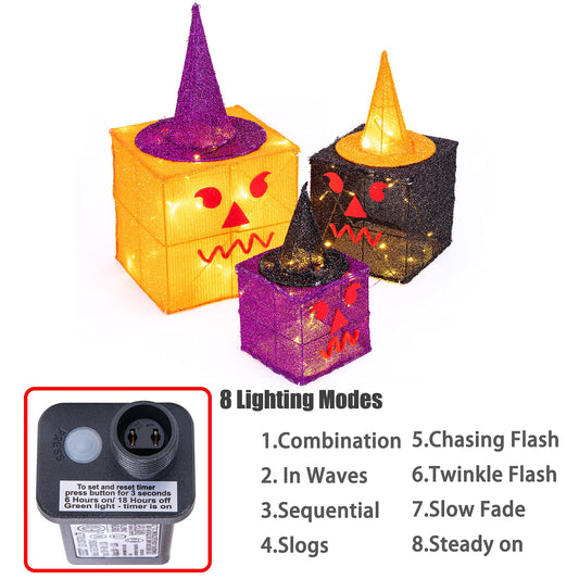 Sunnyglade 3 Pack Halloween Decoration Gift Box with Plug, Top Hat and 70 LED Lights for Halloween, Autumn, Yard, House Party Supplies
