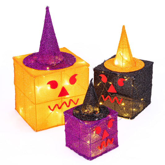 Sunnyglade 3 Pack Halloween Decoration Gift Box with Plug, Top Hat and 70 LED Lights for Halloween, Autumn, Yard, House Party Supplies