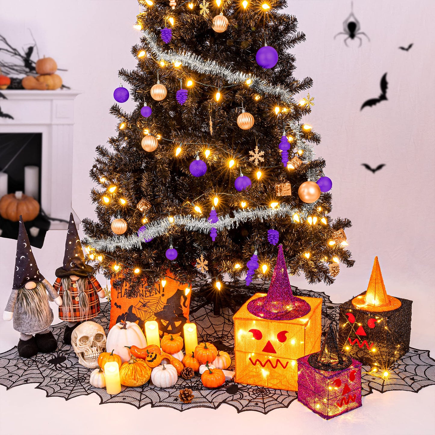 Sunnyglade 3 Pack Halloween Decoration Gift Box with Plug, Top Hat and 70 LED Lights for Halloween, Autumn, Yard, House Party Supplies