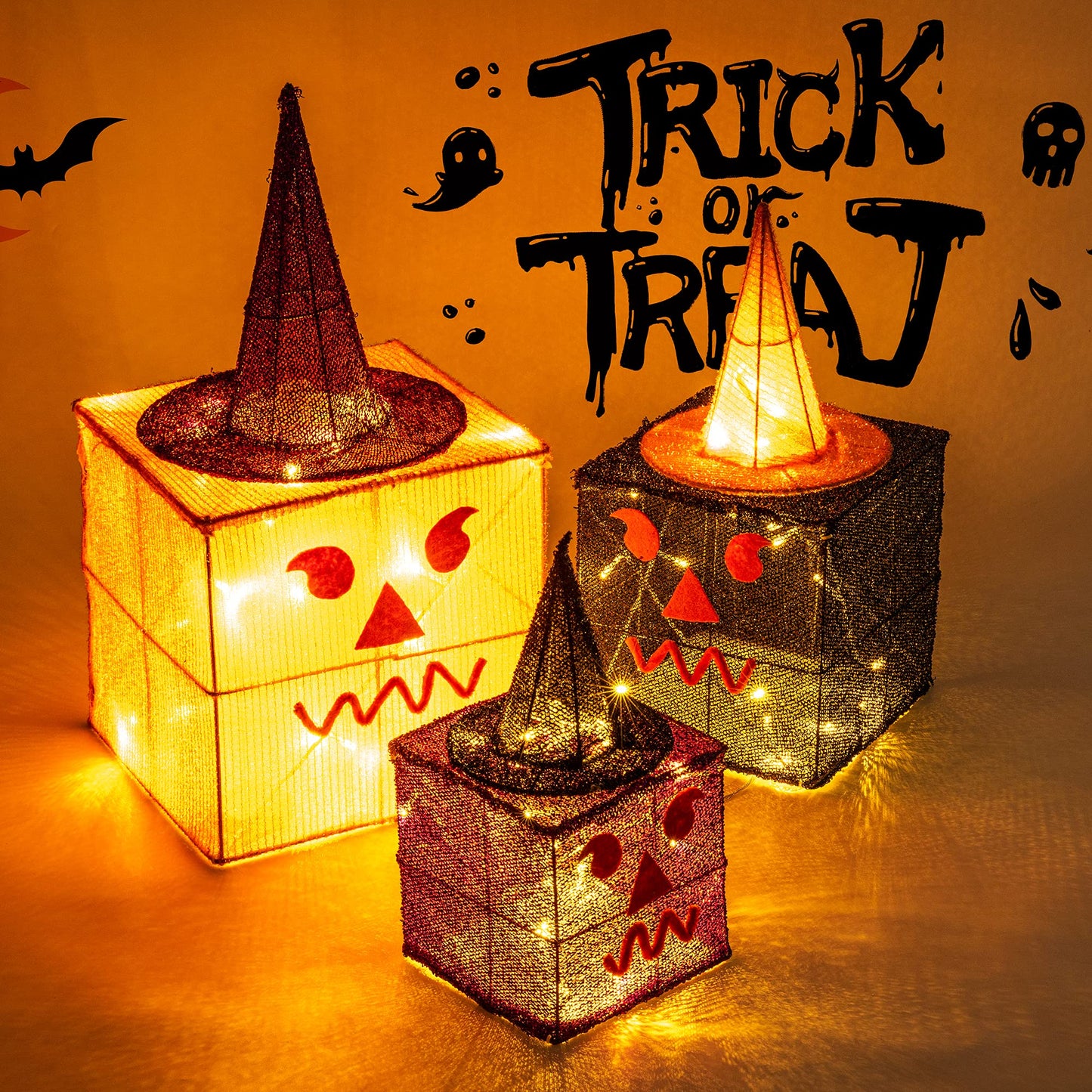 Sunnyglade 3 Pack Halloween Decoration Gift Box with Plug, Top Hat and 70 LED Lights for Halloween, Autumn, Yard, House Party Supplies