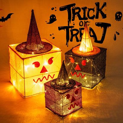 Sunnyglade 3 Pack Halloween Decoration Gift Box with Plug, Top Hat and 70 LED Lights for Halloween, Autumn, Yard, House Party Supplies